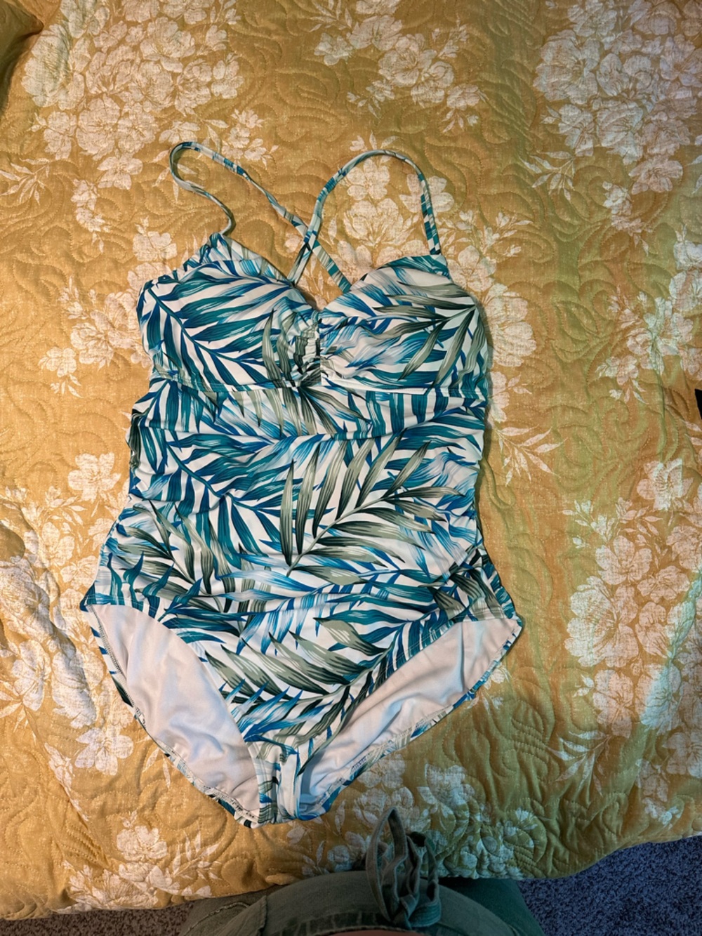 Time and Tru Blue and Green Palm-Print One-Piece Swimsuit